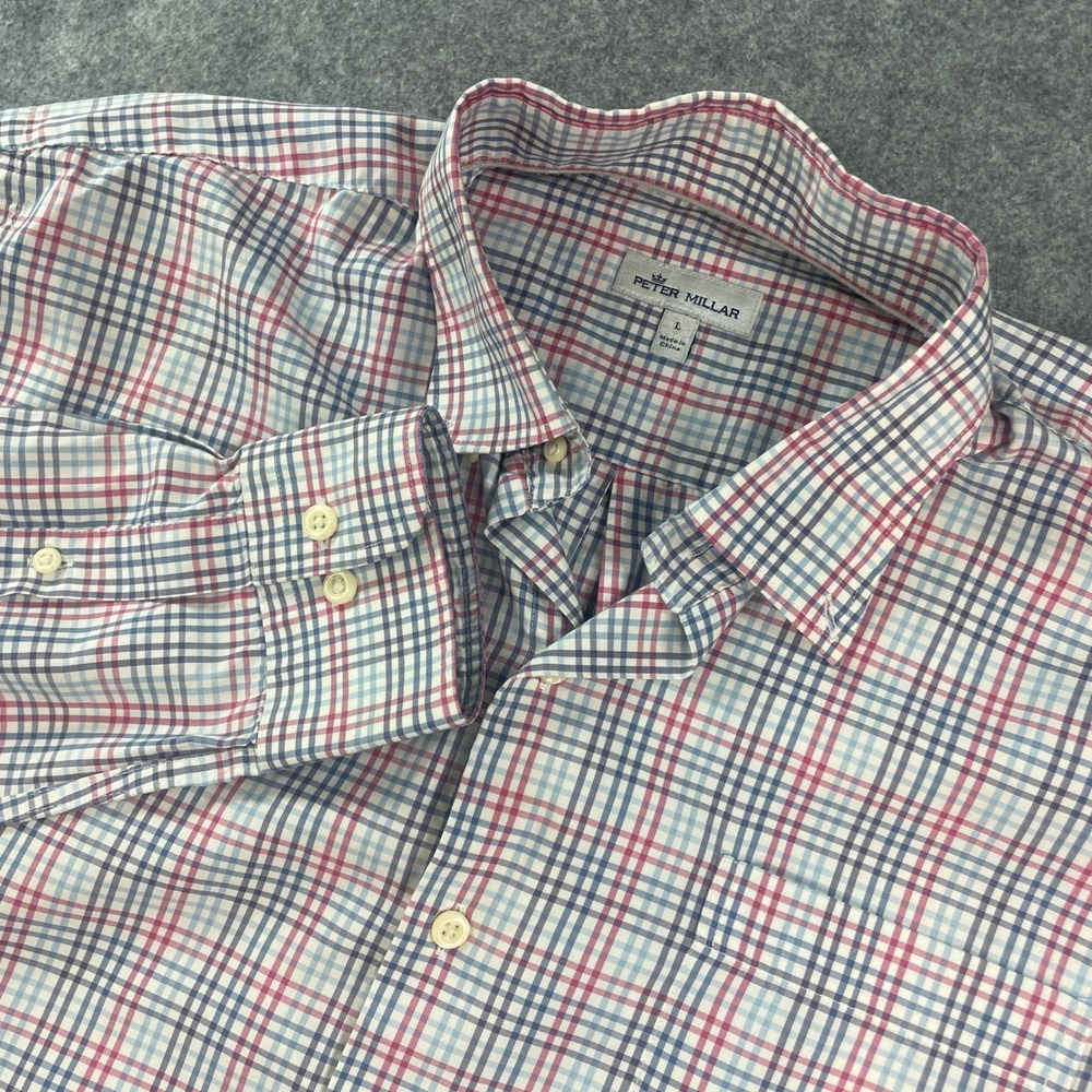 Peter Millar Mens Button Down Shirt Large Pink Blue Plaid Long Sleeve Multicolor